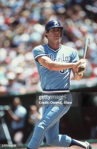 Dale Murphy of the Atlanta Braves circa 1983 bats against the Philadelphia Phillies at Veterans Stadium in Philadelphia, Pennsylvania