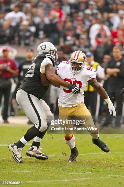 Aldon Smith of the San Francisco 49ers during action in an NFL game against the Raiders at O.co Coliseum in Oakland, California. The Raiders won...