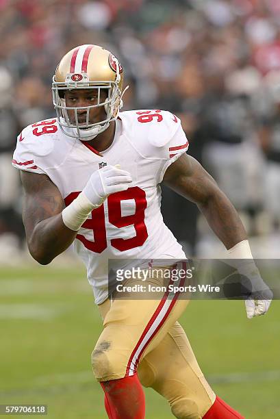 Aldon Smith of the San Francisco 49ers during action in an NFL game against the Raiders at O.co Coliseum in Oakland, California. The Raiders won...