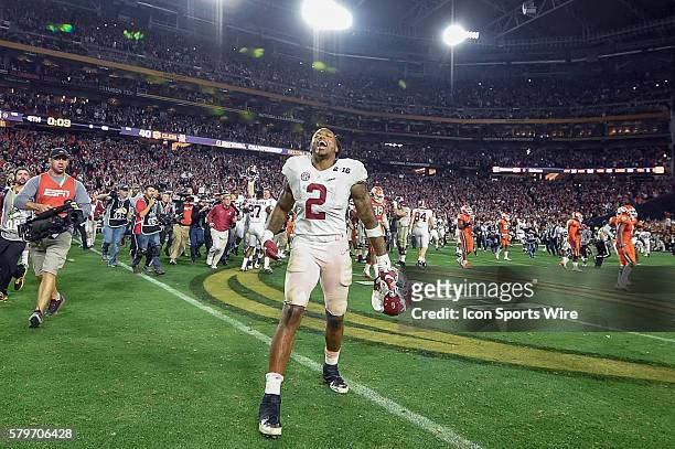 Alabama Crimson Tide running back Derrick Henry celebrates after defeating the Clemson Tigers to win the College National Championship in action...