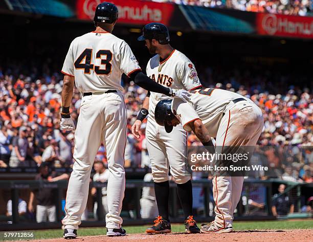 San Francisco Giants catcher Hector Sanchez scores in the 7th inning but is minority injured, during the MLB baseball game between the San Francisco...