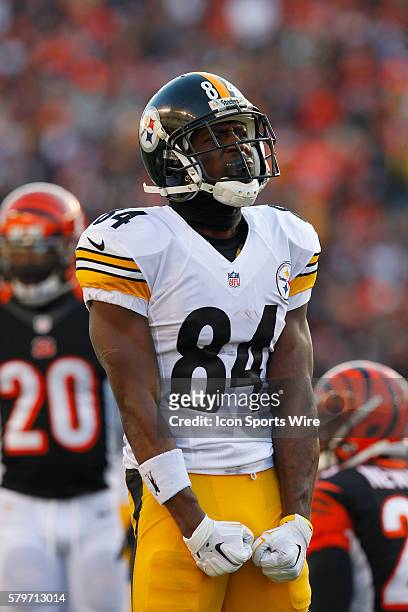Pittsburgh Steelers wide receiver Antonio Brown reacts after make a first down catch against the Cincinnati Bengals' defense during the second half...