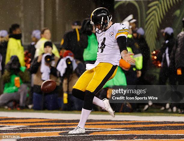 Pittsburgh Steelers punter Jordan Berry kicks against the Cincinnati Bengals in their NFL Wild Card Round game at Paul Brown Stadium in Cincinnati,...