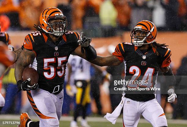 Cincinnati Bengals' Vontaze Burfict celebrates after recovering a fumble against the Pittsburgh Steelers during the second half of play in their NFL...
