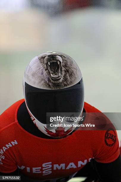 Barrett Martineau of Canada on the track at the Olympic Sports Complex in Lake Placid, NY in the Mens Skeleton World Cup.