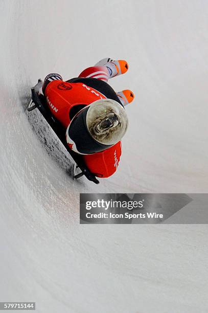 Barrett Martineau of Canada on the track at the Olympic Sports Complex in Lake Placid, NY in the Mens Skeleton World Cup.