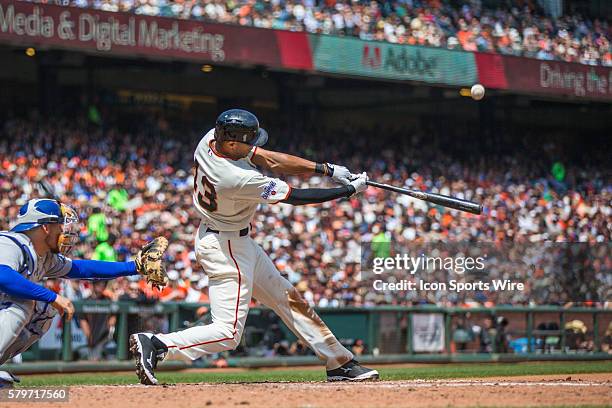 San Francisco Giants right fielder Justin Maxwell at bat and connecting with the ball in the 5th inning, during a Major League Baseball game between...