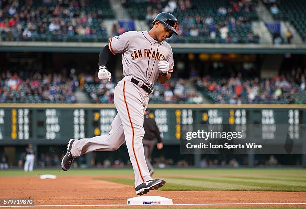 San Francisco Giants right fielder Justin Maxwell rounds the bases after hitting a second inning homerun during a regular season Major League...