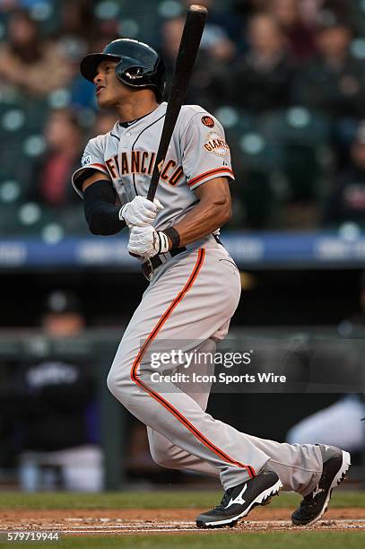 San Francisco Giants right fielder Justin Maxwell hits a second inning homerun during a regular season Major League Baseball game between the San...