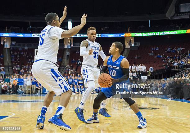 Creighton Bluejays guard Maurice Watson Jr. Looks to pass during the NCAA Big East Conference basketball game between Creighton and Seton Hall at...