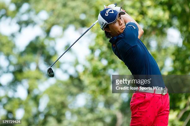 Ryo Ishikawa drives the ball during the final round of the Quicken Loans National at Robert Trent Jones Golf Course in Gainesville, Virginia.