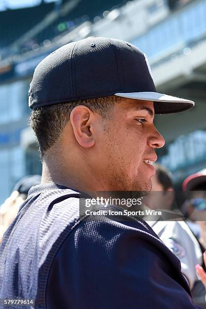 Two time All Star, New York Yankees Pitcher Dellin Betances [6791] signing autographs prior to a MLB game between the Chicago White Sox and the New...