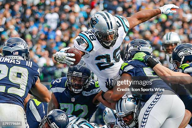 Carolina Panthers running back Jonathan Stewart dives for the touchdown during the NFC Divisional Playoff game between the Carolina Panthers and the...