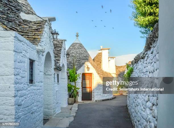 narrow alley with trulli houses in alberobello - alberobello stock pictures, royalty-free photos & images