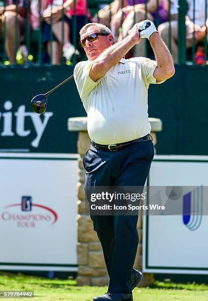 Fuzzy Zoeller tees off on number one during first round action of the 2015 Insperity Invitational at Tournament Course of The Woodlands Country Club.