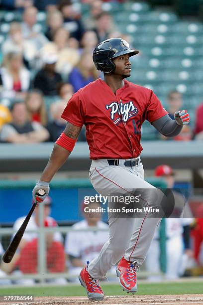 Lehigh Valley IronPigs right fielder Domonic Brown in action during the game between Lehigh Valley Ironpigs and Indianapolis Indians at Victory Field...