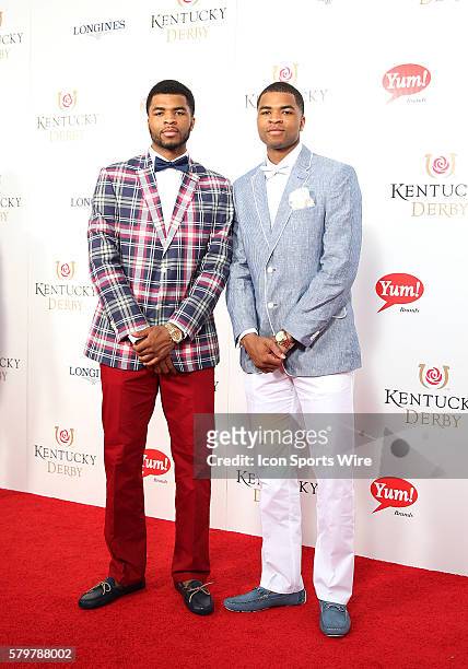 University of Kentucky basketball players Andrew and Aaron Harrison arrive on the red carpet at the 141st running of the Kentucky Derby at Churchill...