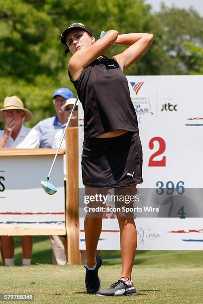 Lexi Thompson hits her tee shot on during the second round of the Volunteers of America North Texas Shootout at Las Colinas Country Club in Irving,...