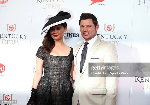 Actress Vanessa Minnillo Lachey and her husband, Nick Lachey, arrive on the red carpet at the 141st running of the Kentucky Derby at Churchill Downs...