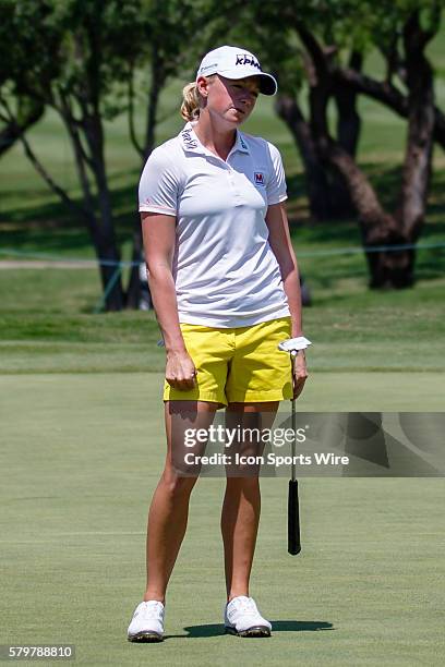 Stacy Lewis reacts after missing her putt on during the second round of the Volunteers of America North Texas Shootout at Las Colinas Country Club in...