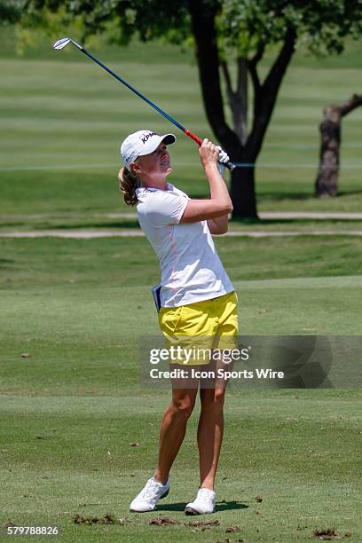 Stacy Lewis hits her approach shot on during the second round of the Volunteers of America North Texas Shootout at Las Colinas Country Club in...