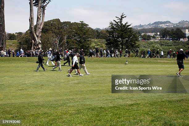 Goose leads Rory McIlroy and Gary Woodland up the fairway at the World Golf Championships at Harding Park in San Francisco, CA.