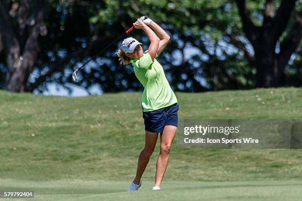 Stacy Lewis hits her approach shot on during the final round of the Volunteers of America North Texas Shootout at Las Colinas Country Club in Irving,...