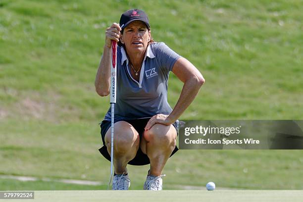 Juli Inkster lines up her putt on during the final round of the Volunteers of America North Texas Shootout at Las Colinas Country Club in Irving, TX.