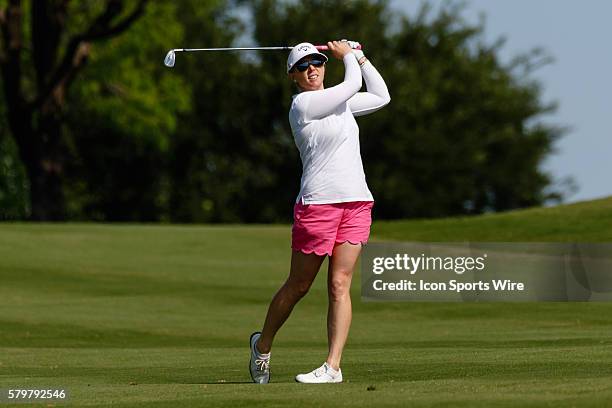 Morgan Pressel hits her approach shot to during the final round of the Volunteers of America North Texas Shootout at Las Colinas Country Club in...