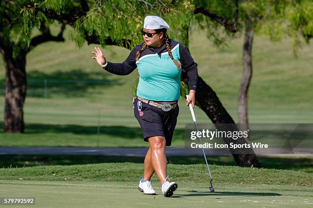 Christina Kim waves at the gallery on the green during the final round of the Volunteers of America North Texas Shootout at Las Colinas Country Club...