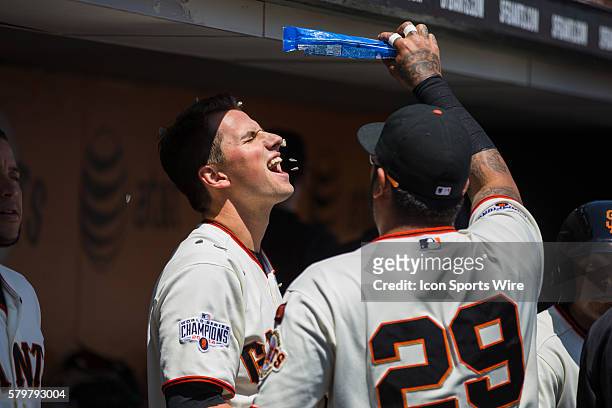 San Francisco Giants second baseman Joe Panik celebrates getting a solo home run in the first inning, with San Francisco Giants catcher Hector...
