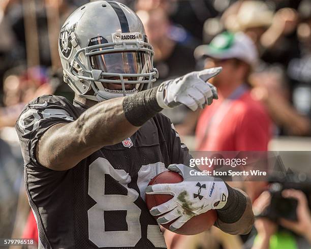 Oakland Raiders wide receiver James Jones celebrates catching touchdown pass on Sunday, December 21 at O.co Coliseum in Oakland, California. The...