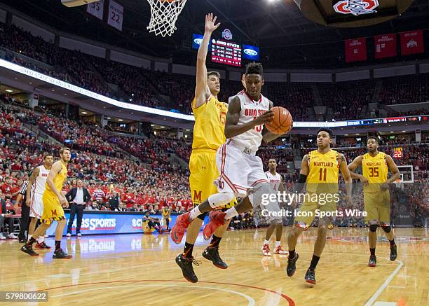 Jan 31, 2016; Columbus, OH, USA; Ohio State Buckeyes guard Kam Williams grabs the rebound during the game against the Maryland Terrapins at the Value...