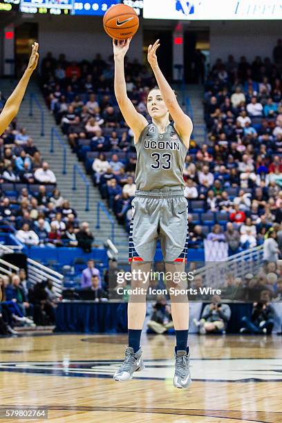 UConn Huskies Guard Katie Lou Samuelson fires off a shot from 3 point range during an American Athletic Conference NCAA D1 women's basketball...