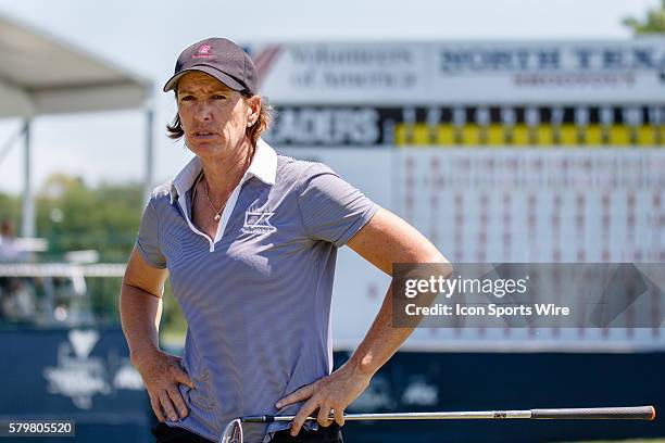 Juli Inkster surveys her shot on after hitting it behind the stands during the final round of the Volunteers of America North Texas Shootout at Las...