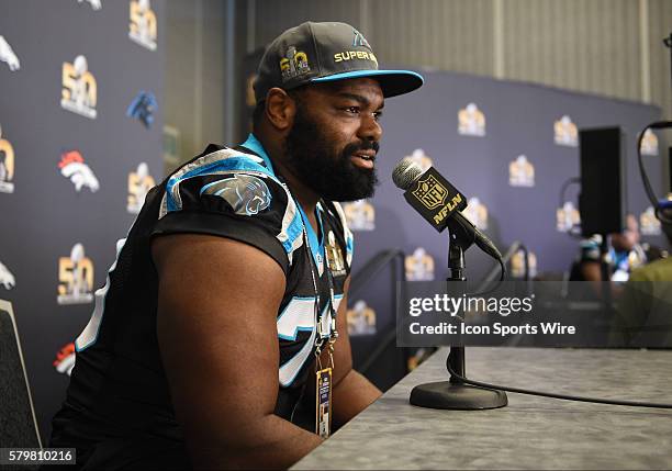 Carolina Panthers Offensive Tackle Michael Oher [11367] during the Carolina Panthers press conference for Super Bowl 50 at the San Jose Convention...