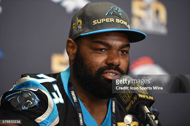 Carolina Panthers Offensive Tackle Michael Oher [11367] during the Carolina Panthers press conference for Super Bowl 50 at the San Jose Convention...