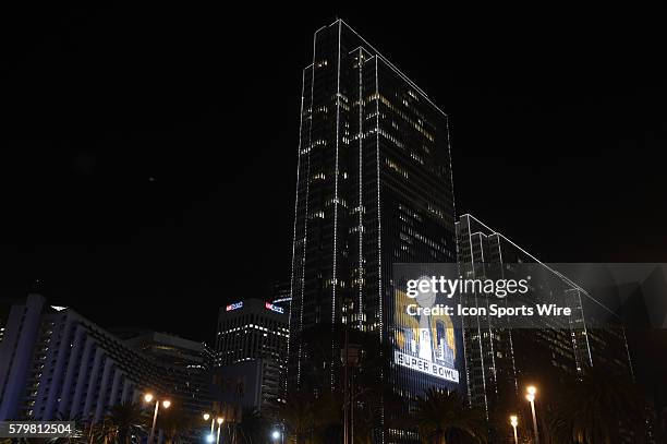 The Super Bowl 50 logo projected on the side of a building on The Embarcadero as part of the Super Bowl 50 preview in San Francisco, CA.