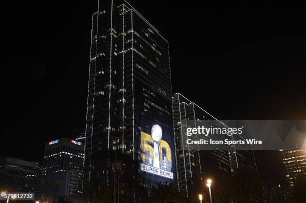 The Super Bowl 50 logo projected on the side of a building on The Embarcadero as part of the Super Bowl 50 preview in San Francisco, CA.