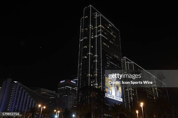 The Super Bowl 50 logo projected on the side of a building on The Embarcadero as part of the Super Bowl 50 preview in San Francisco, CA.