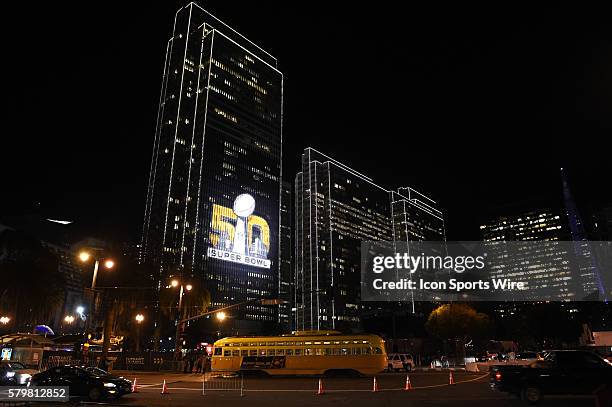 The Super Bowl 50 logo projected on the side of a building on The Embarcadero as part of the Super Bowl 50 preview in San Francisco, CA.