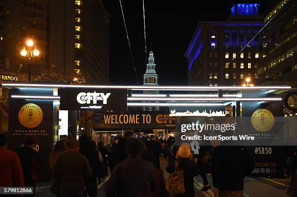The entrance to Super Bowl City on Market Street with the San Francisco Ferry Building clock tower in the background as part of the Super Bowl 50...