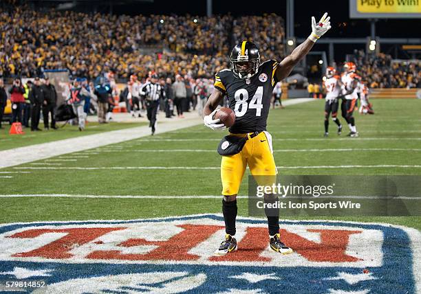 Pittsburgh Steelers wide receiver Antonio Brown dances in the end zone to celebrate his 63 yard touchdown reception during the fourth quarter in the...