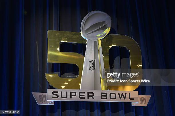 The Super Bowl 50 Logo during the Super Bowl 50 pepsi Halftime Show Press Conference at the Moscone Center in San Francisco, CA.