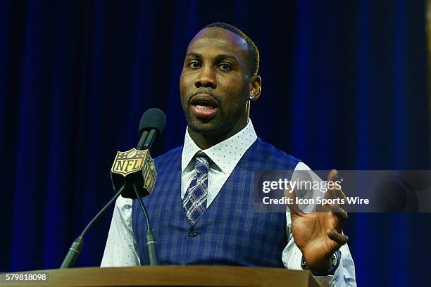 San Francisco 49ers wide reciever Anquan Bolden speaks at the Walter Payton Man of the Year Press Conference at the Moscone Center in San Francisco...