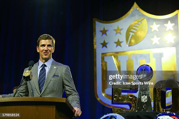 New York Giant quarterback Eli Manning speaks at the Walter Payton Man of the Year Press Conference at the Moscone Center in San Francisco California.