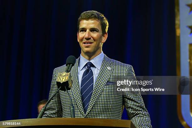 New York Giant quarterback Eli Manning speaks at the Walter Payton Man of the Year Press Conference at the Moscone Center in San Francisco California.