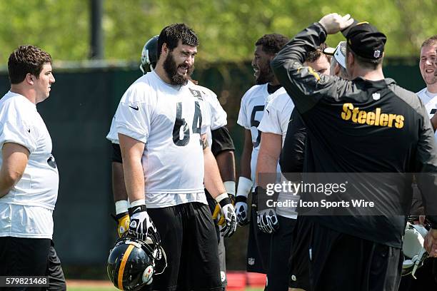 Pittsburgh Steelers tackle Mitchell Van Dyk laughs with team mates during the 2015 Pittsburgh Steelers Rookie Minicamp at the UPMC Sports Performance...