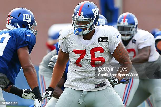 New York Giants offensive tackle Ereck Flowers blocks during practice at the TIMEX Performance Center in East Rutherford,NJ.