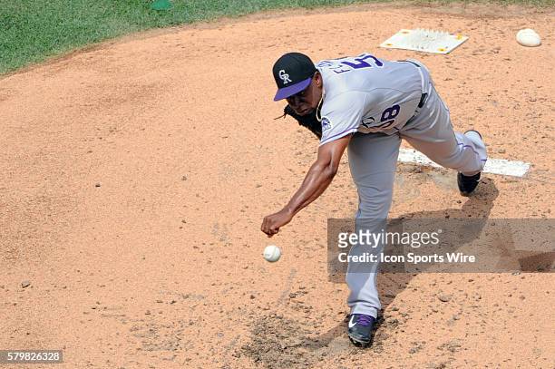 Colorado Rockies starting pitcher Yohan Flande pitches against the Washington Nationals at Nationals Park in Washington, D.C. Where the Colorado...